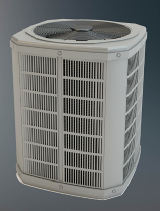 The unit is rectangular with metal slats on all sides for ventilation, and a large fan is visible on the top. This type of unit is typically used for central air conditioning systems in residential or commercial buildings.