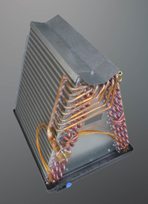The coil consists of copper tubes and aluminum fins arranged in a triangular or "A" shape, designed to allow airflow through the system for heat exchange. The copper tubing is visibly coiled around the structure. The unit is typically found inside the air handler of central air conditioning systems to cool air as it passes through.