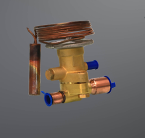 The brass valve has copper tubing attached, including a coiled copper sensing bulb. This component regulates the flow of refrigerant entering the evaporator, ensuring proper pressure and temperature control within the refrigeration or air conditioning system.
