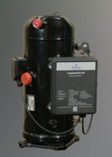 The cylindrical device has connection points for refrigerant lines and is equipped with an electrical panel attached to the front for control and operation. The compressor is designed to compress refrigerant and circulate it through the system.