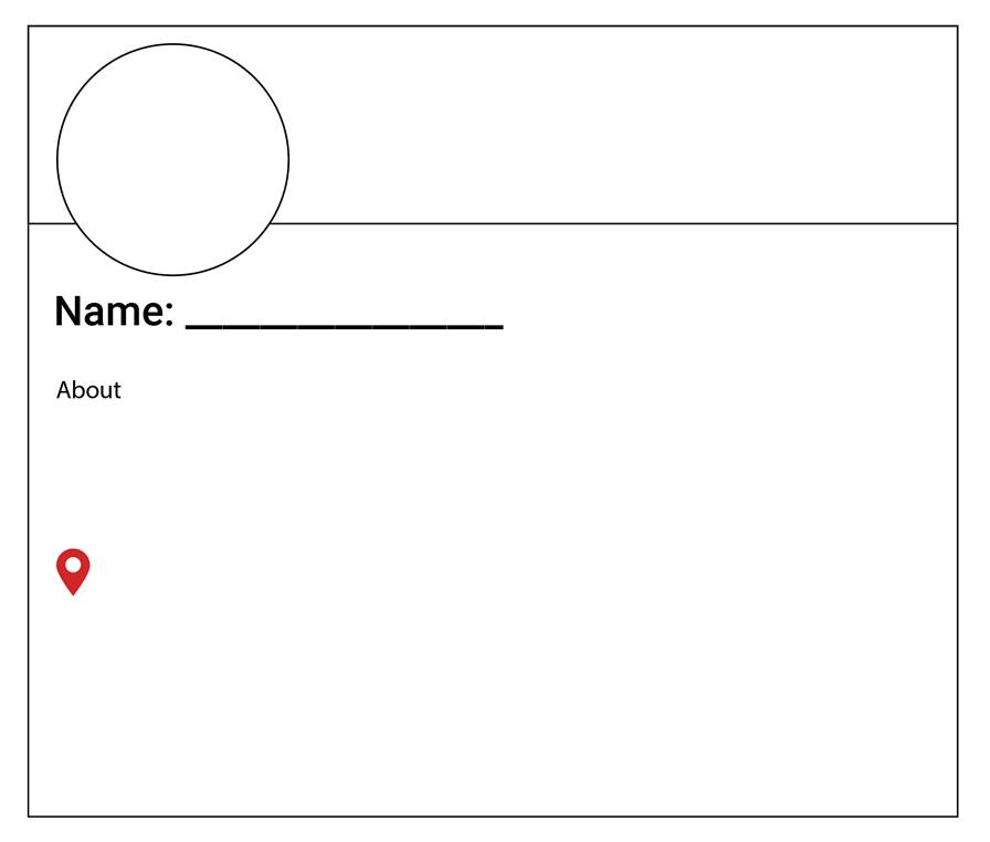 Image of a Social Media Template: The circle on the top left is for the profile picture, there is a line after "Name:", and underneath, there is an About section, including a drop pin to indicate the location of where the profile owner is from.