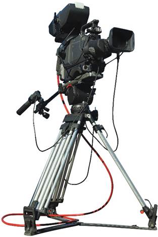 A large studio digital video camera on tripod isolated over white background