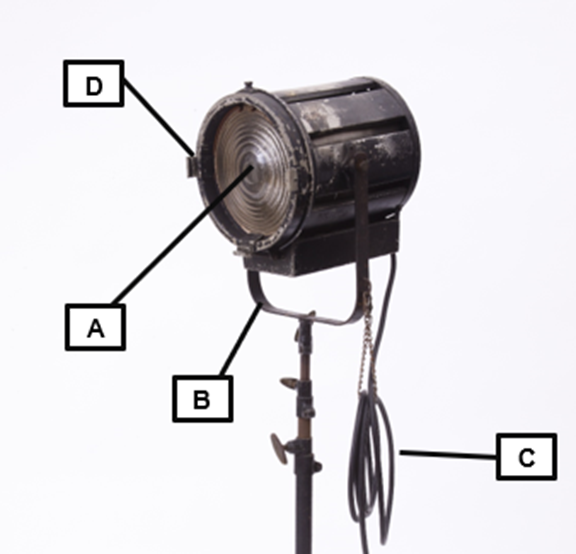 Image of a lighting fixture with spaces to label each component. Label A points to a rounded circular piece of glass on the front of the item. Label B points to a metal bar that connects the stand to the lamp housing. Label C points to a bundled cord used to power the light. Label D points to the rim of the main housing, where brackets allow the lamps color to be adjusted with a separate piece of equipment.