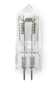 Small glass item with wire filament inside, tightly coiled, with two pins protruding from the bottom.